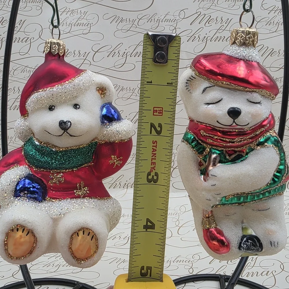 2 Polar Bear Christmas Ornaments Golf Winter Scarf Blown Glass Hand‎ Painted